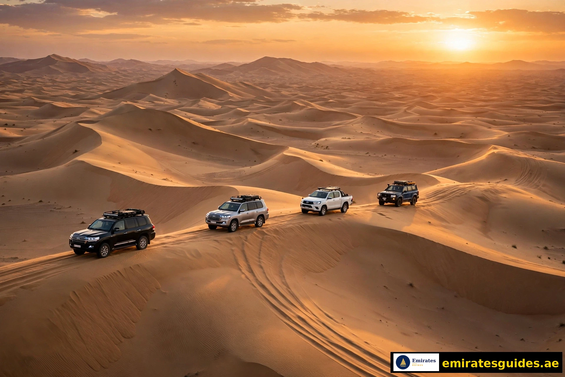 Abu Dhabi desert safari — dune bashing at sunset