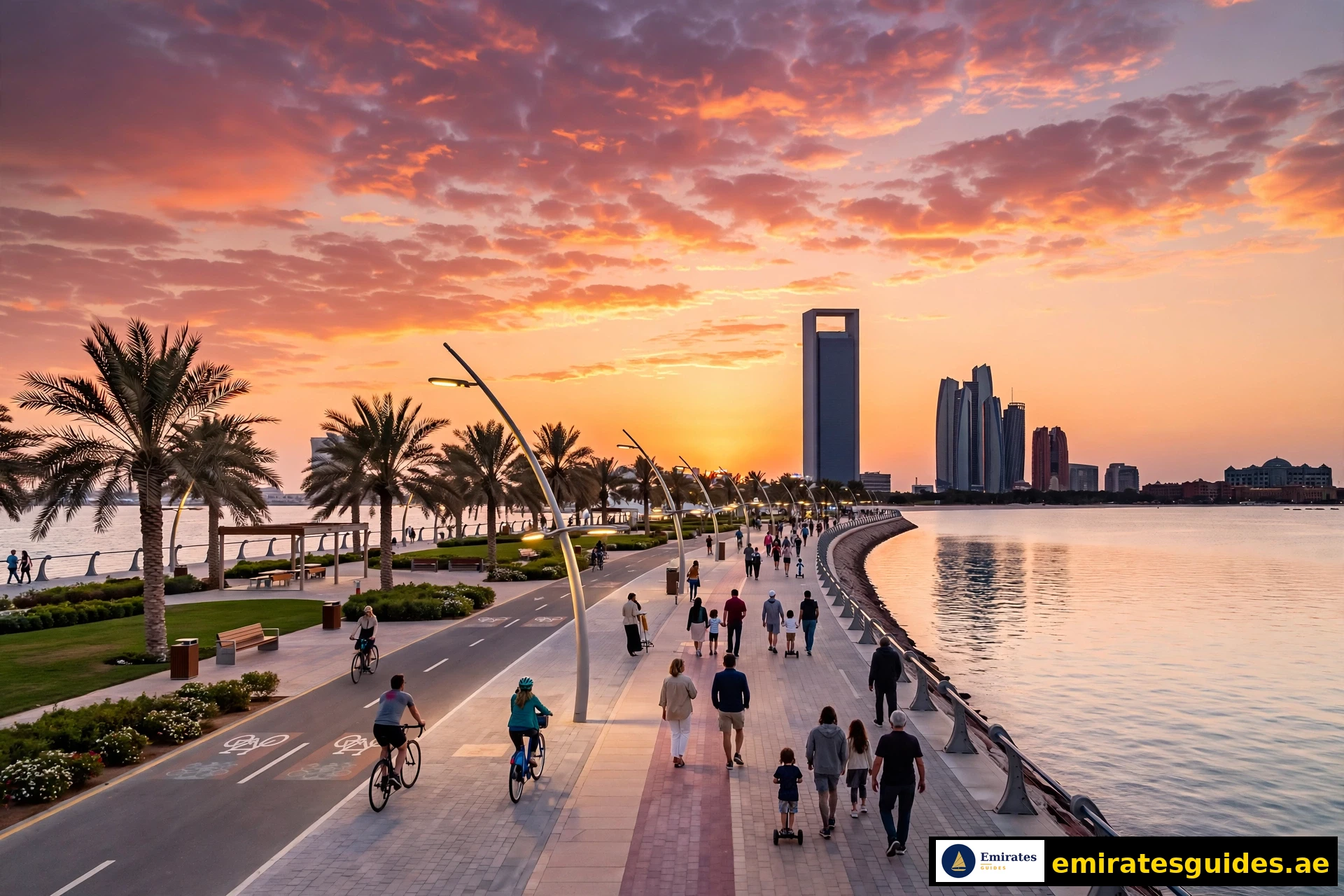 Sunset at Abu Dhabi Corniche with skyline views