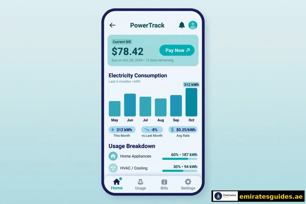 Checking DEWA bill in the DEWA smart app with consumption graph