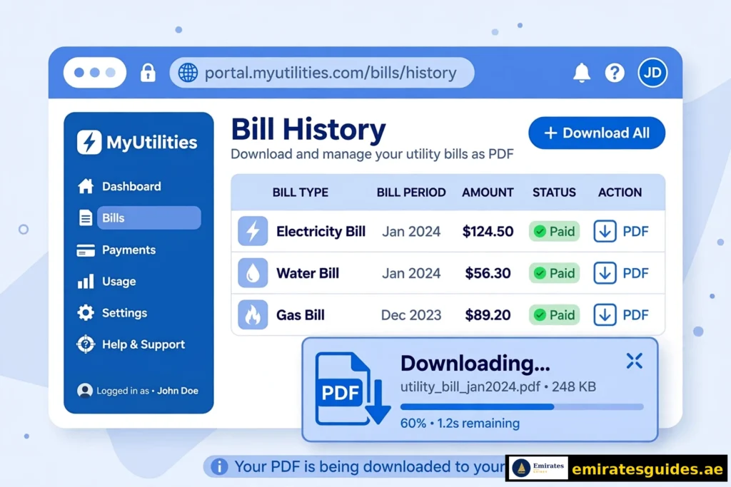 Downloading DEWA bill as PDF from the online portal