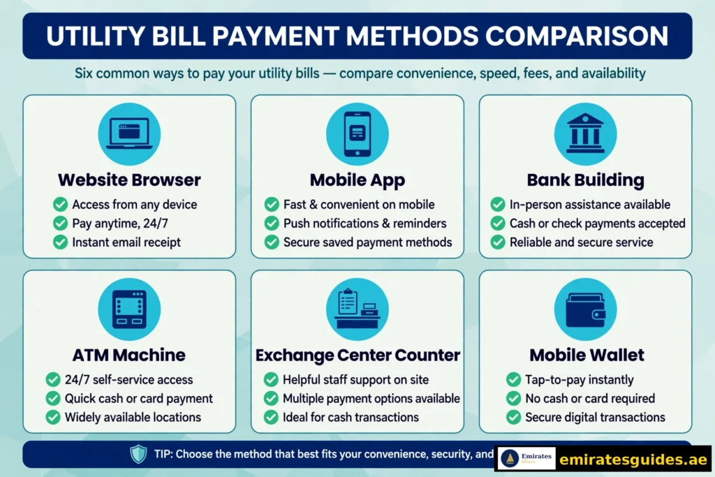 DEWA bill payment methods compared — online, app, bank, in-person