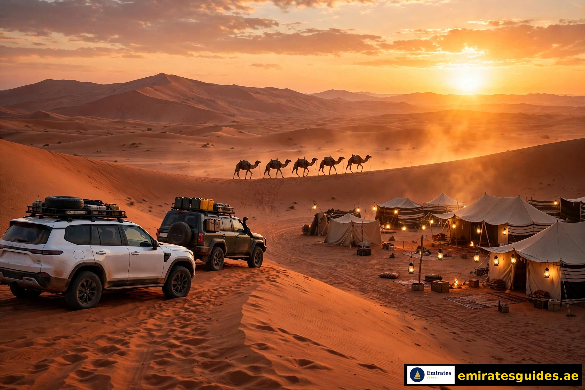 Dubai desert safari — dune bashing and Bedouin camp at sunset