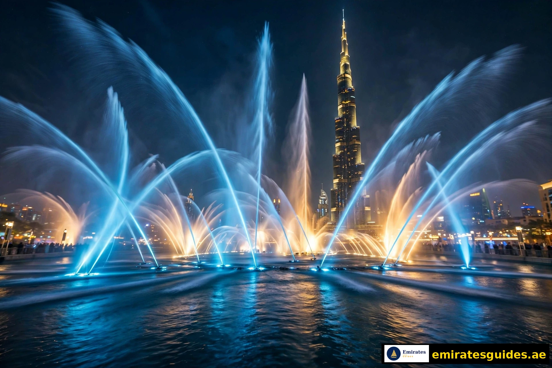 Dubai Fountain show at night with Burj Khalifa
