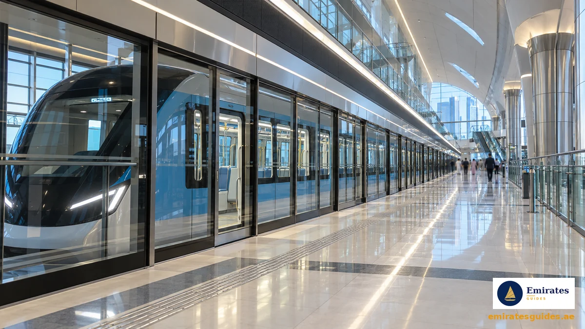 Inside a Dubai Metro station — a train at the platform behind screen doors