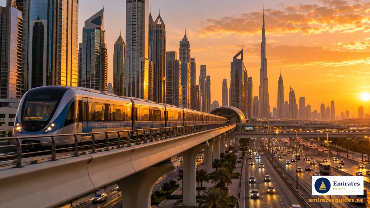 Dubai Metro train on an elevated track at sunset