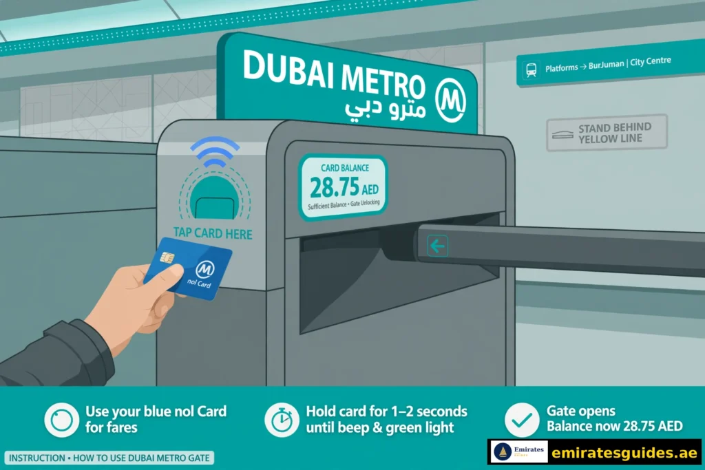 Nol card balance shown on a Dubai Metro fare gate display