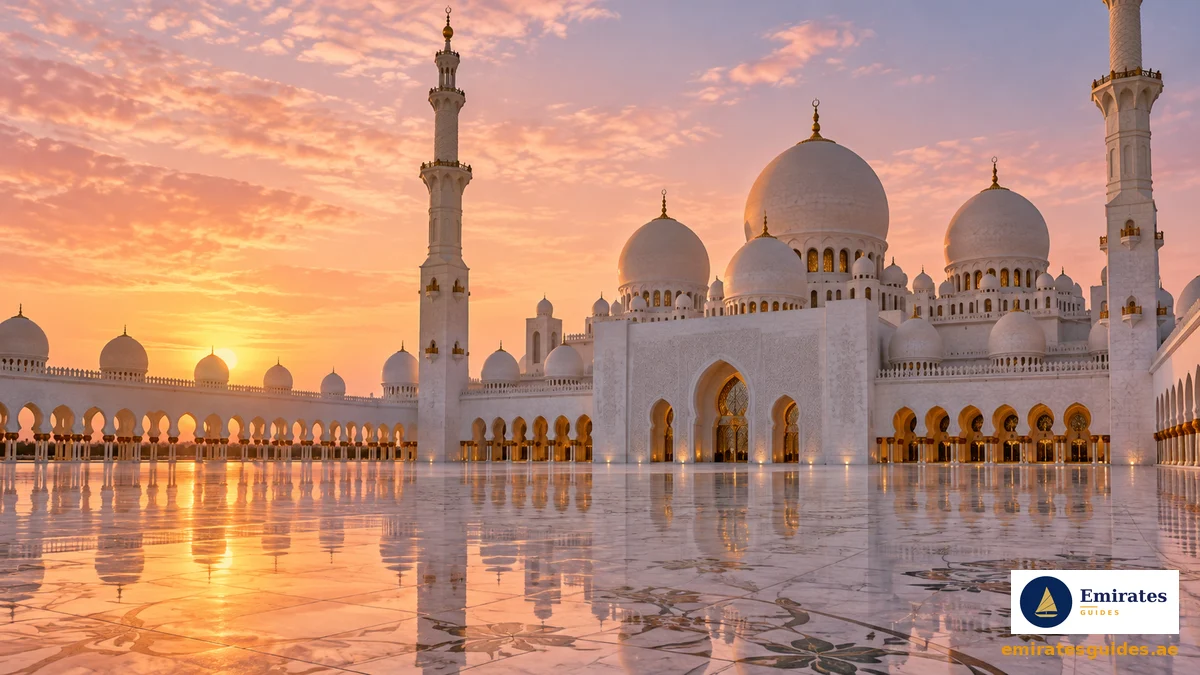 A grand white mosque at dawn in the UAE — prayer times today