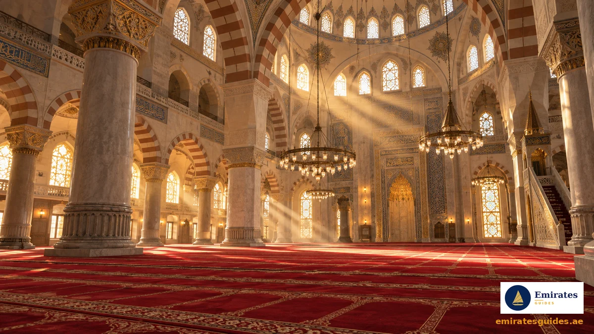 Rows of prayer rugs inside a grand mosque prayer hall in the UAE