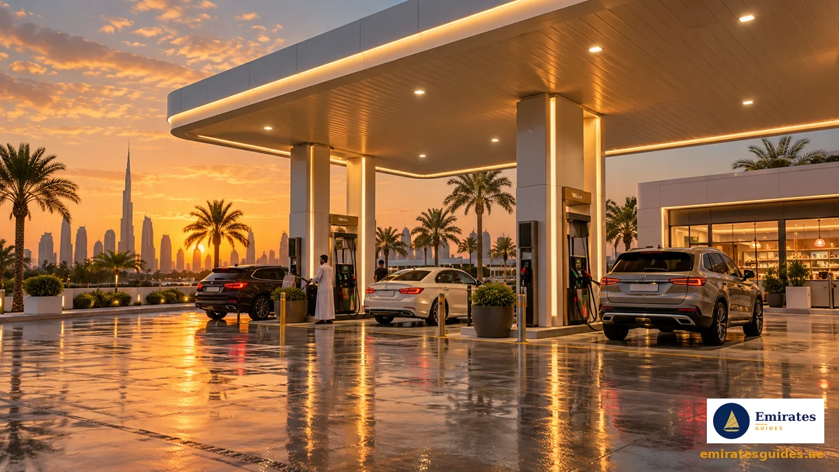 A petrol station in the UAE at golden hour — petrol price in UAE today