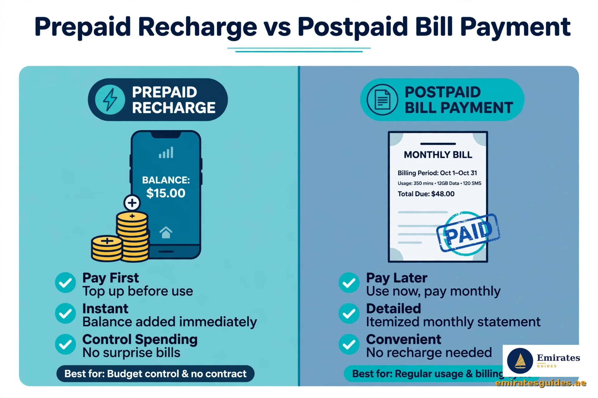 Etisalat Quick Pay recharge vs bill payment difference explained