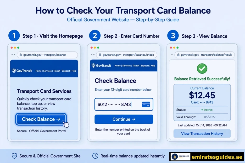 Step-by-step screenshots for Nol card balance check on the RTA website